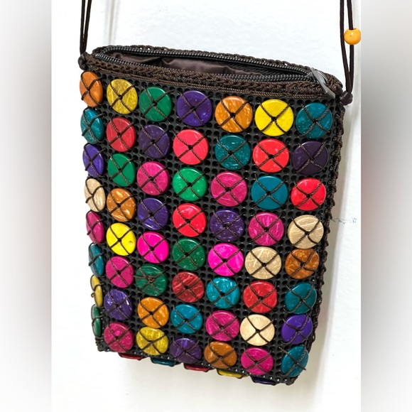 Colorful Buttons Small Zipper Bag on Long Strap 7x5.5 in - Picture 4 of 5